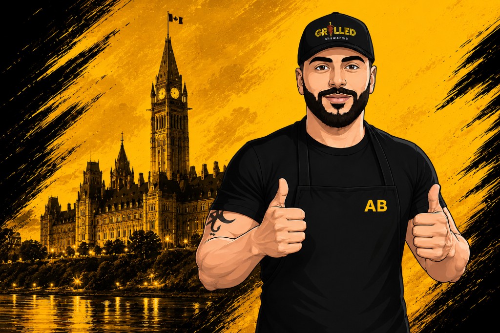 Yo AB from Grilled Shawarma giving two thumbs up in front of Parliament Hill, Ottawa